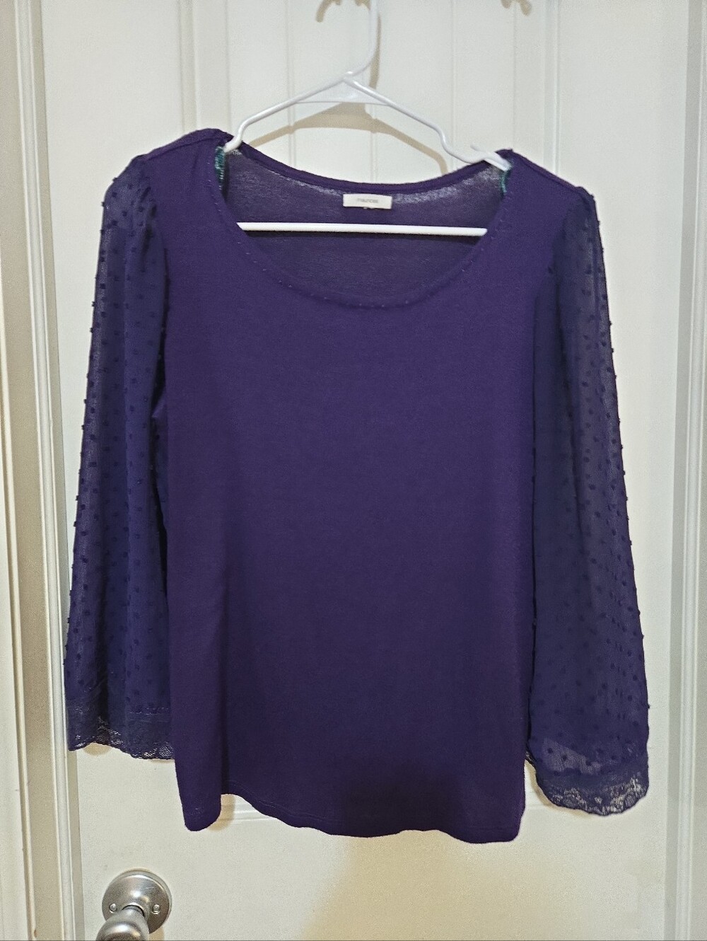Maurices Purple Swiss Dot Sheer Sleeve Knit Top Lace Cuffs